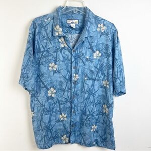 Caribbean Joe Men’s Silk Hawaiian Shirt Large Tropical Blue Short Sleeve Bamboo